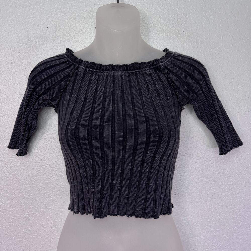 We The Free People Meant To Be Top Women XS Rib Knit Cropped Shirt Stretch Black